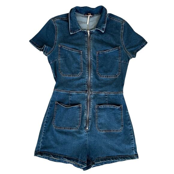 Free People Women’s Lennox Crvy Blue Denim Shortsuit Jeans Collared Romper Sz 12 - Picture 14 of 15